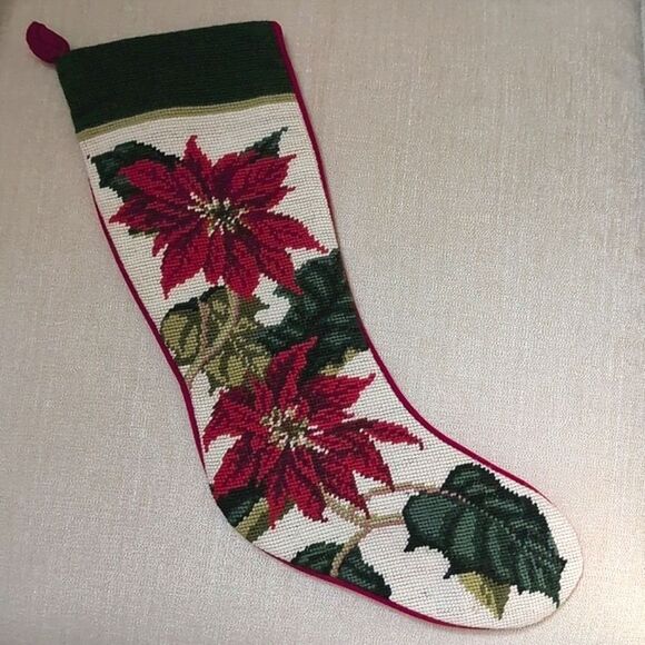 Vintage Wool Needlepoint Poinsettia Christmas Stocking Red Velvet Cotton Backing - Picture 9 of 10